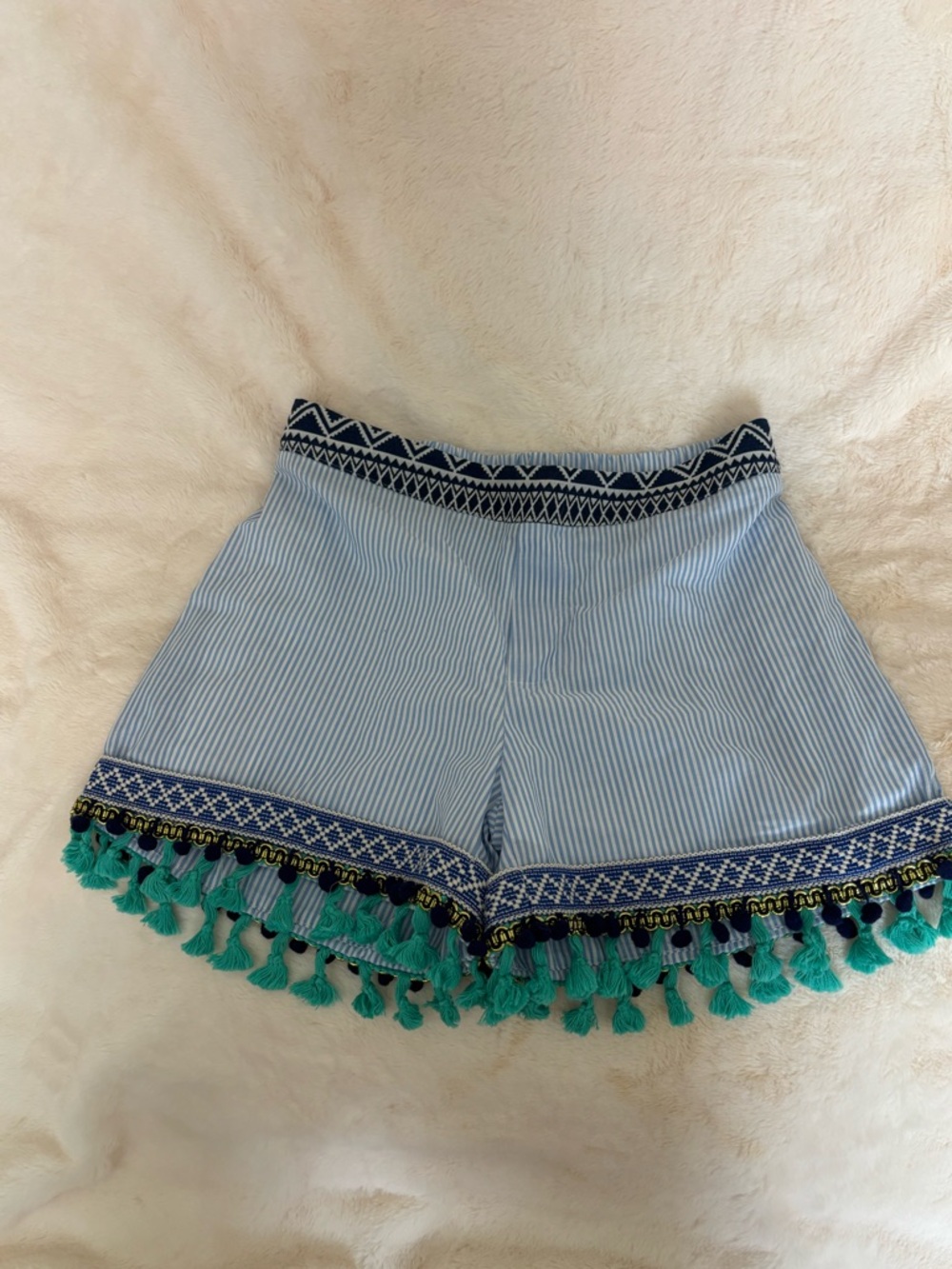 The Impeccable Pig Light Blue & White Striped Tassel-Trim Shorts